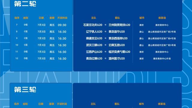 U20联赛第二阶段C、D组赛程：7月1日-11日进行，赛会制赛事