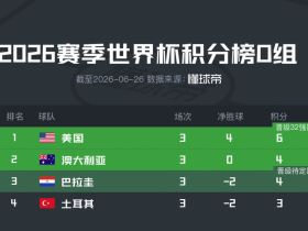 世界杯D组积分榜：美国、澳大利亚分列一二，巴拉圭第三出线待定