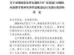 湖南省足协：对张家界队打人球员禁赛12个月，教练等6人禁赛6个月