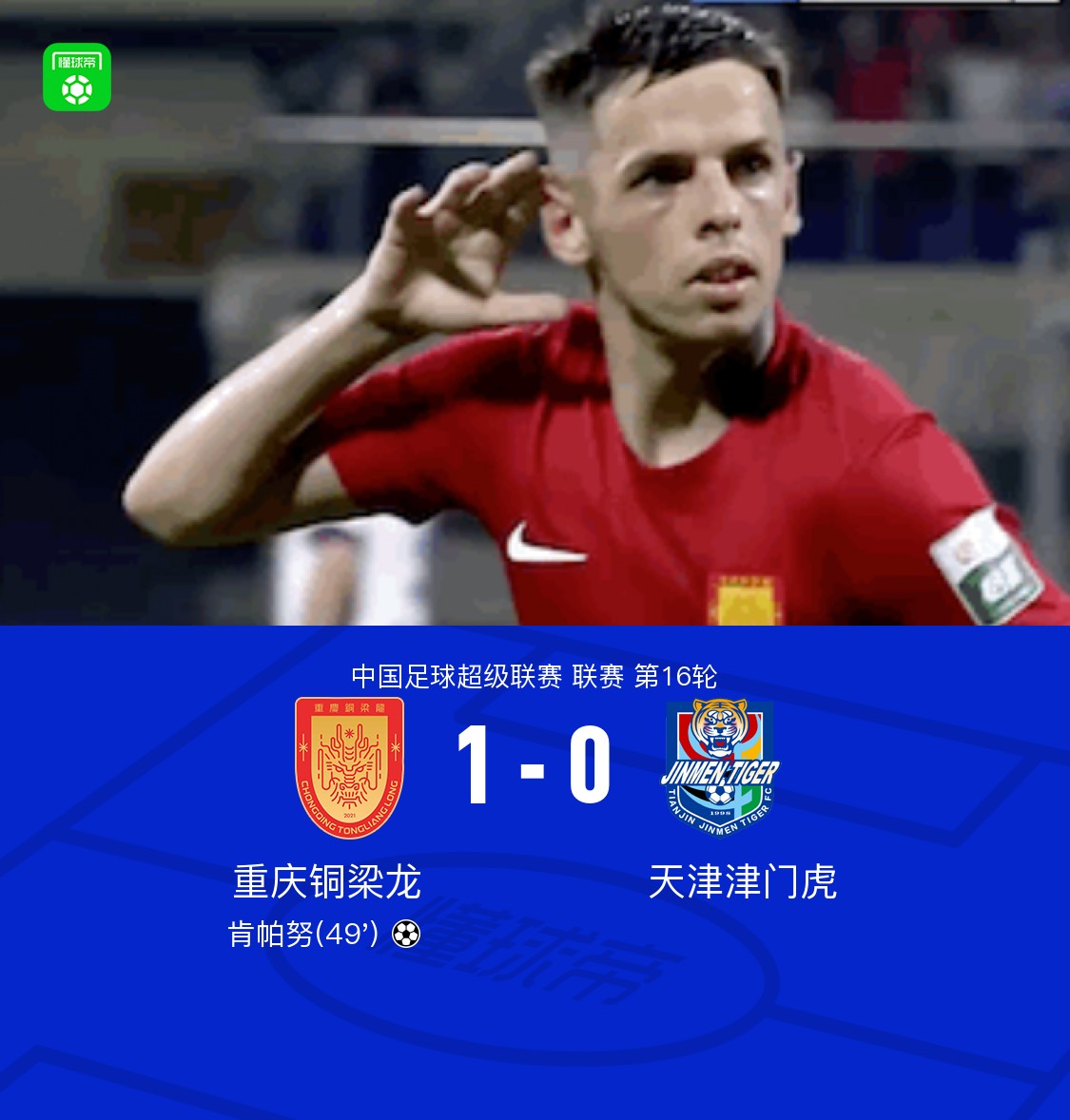 铜梁龙1-0津门虎，肯帕努破门制胜，哈达斯绝平进球被吹