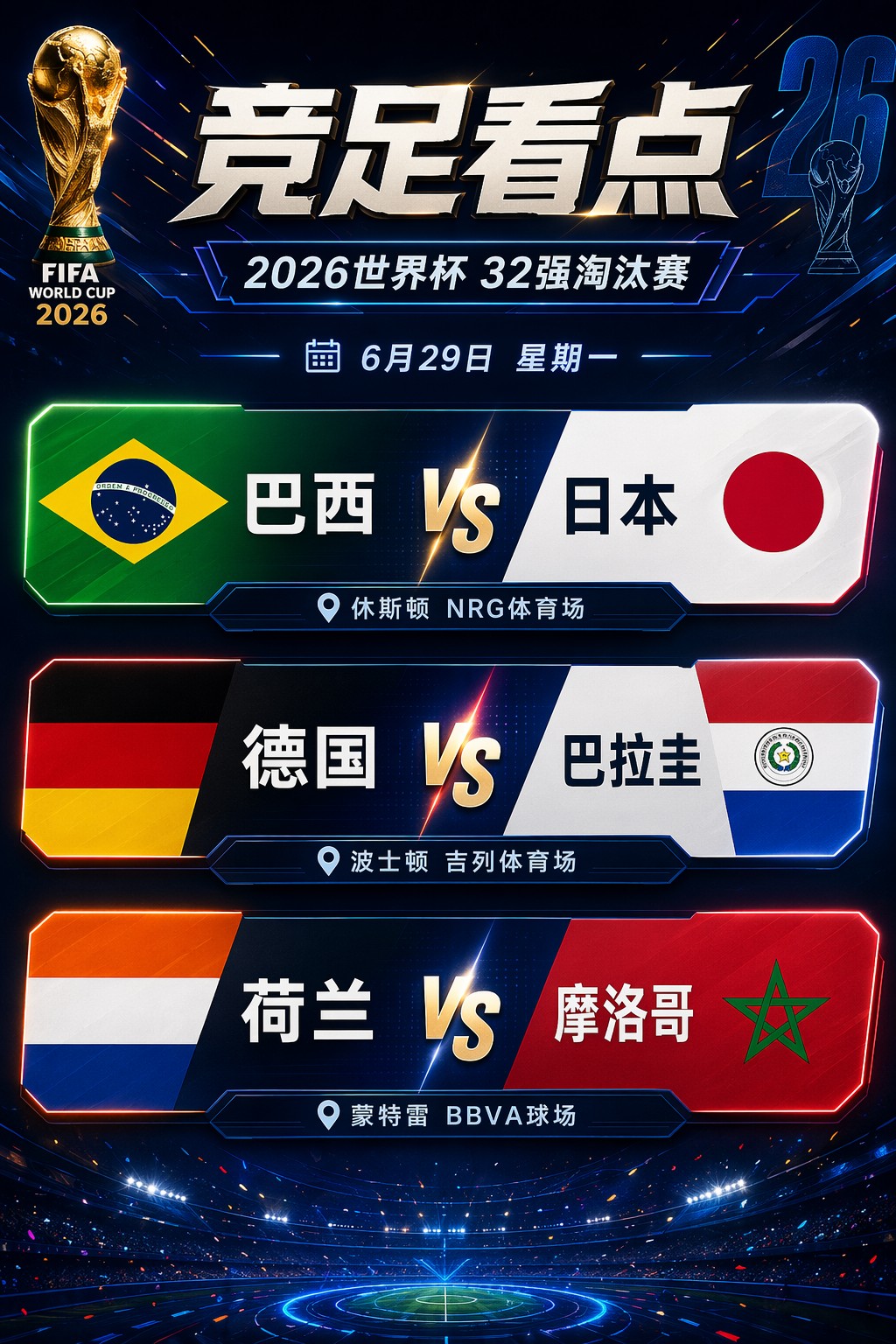 世界杯32强淘汰赛今日三场前瞻：三场硬仗三组关键对位