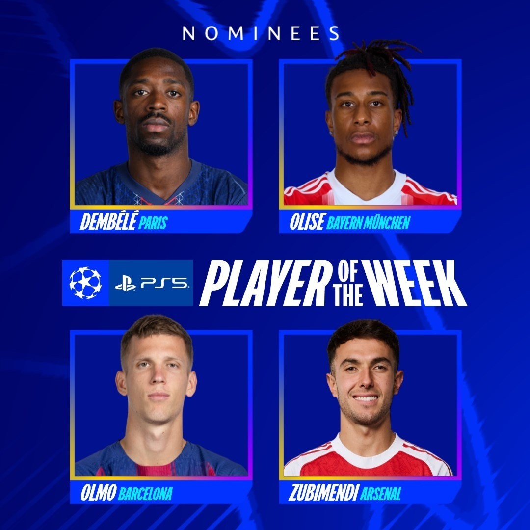 本周欧冠最佳球员候选：登贝莱、奥利塞、奥尔莫、苏比门迪