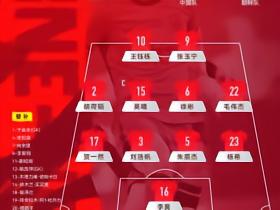 国足亚运首战官方阵型：4-4-2，贺一然左边后，胡荷韬左边前