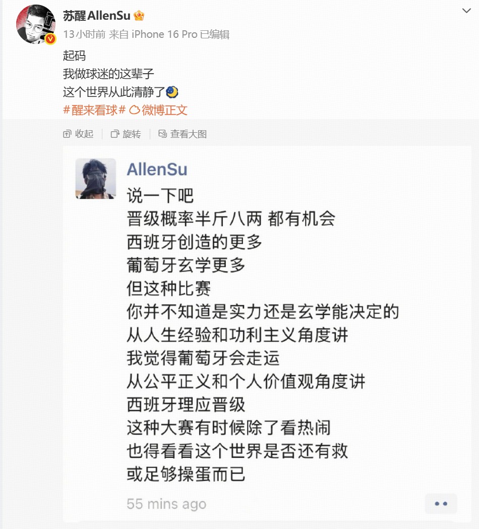 苏醒谈葡萄牙出局后世界清净言论：我是个球迷，想看足球的东西