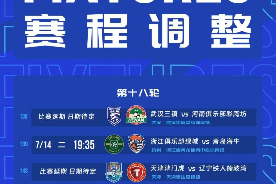 官方：受台风影响，三镇vs河南、浙江vs海牛、津门虎vs铁人三场中超比赛延期07-10 16:15·32 评论