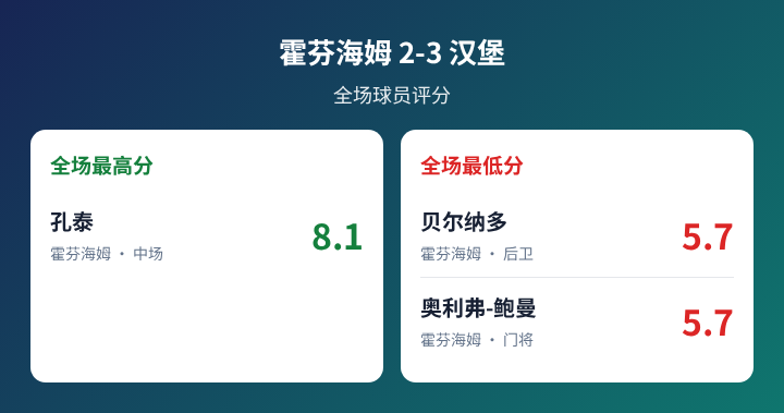 霍芬海姆对阵汉堡球员评分数据图