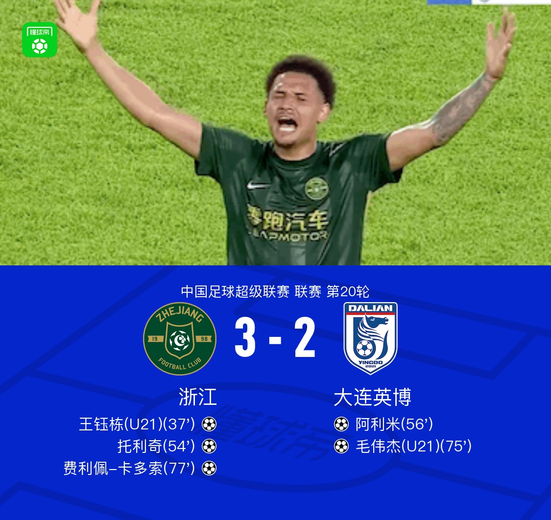 浙江3-2英博，王钰栋、卡多索建功，毛伟杰世界波破门难救主