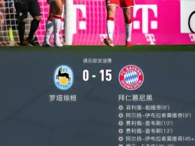 拜仁15-0狂胜罗塔埃根，近五次交锋狂轰对手99球